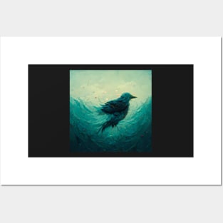 Drowning bird in blue water Posters and Art